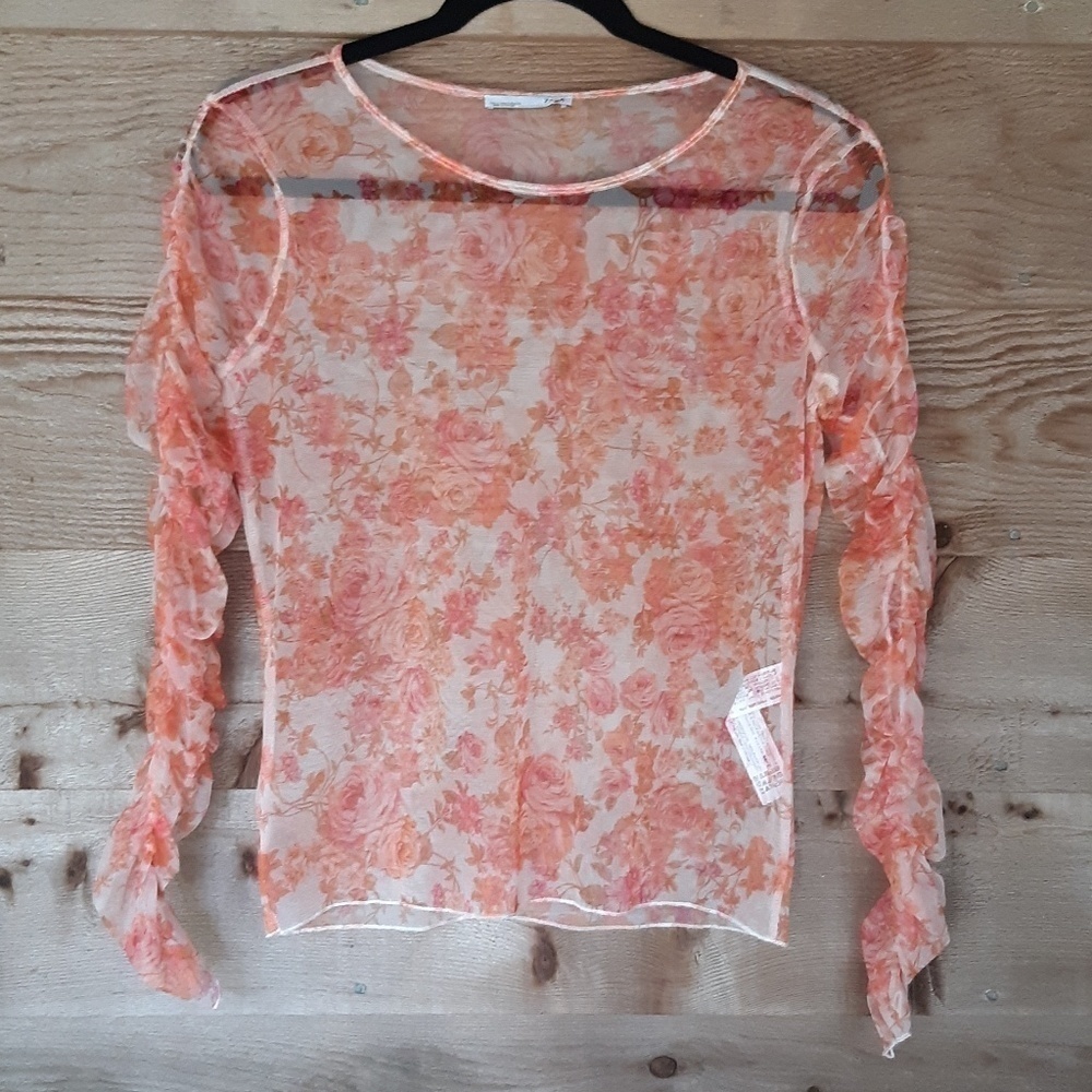 Zara Sheer Orange Ruched Sleeve Blouse With Rose Print Size Small NWOT